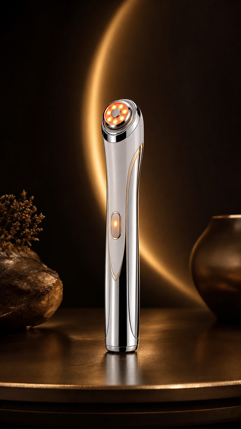 Chrome LED skin therapy device with glowing gold accents