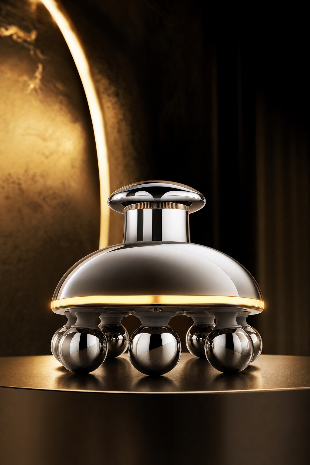 Futuristic chrome scalp massage device with soft gold LED