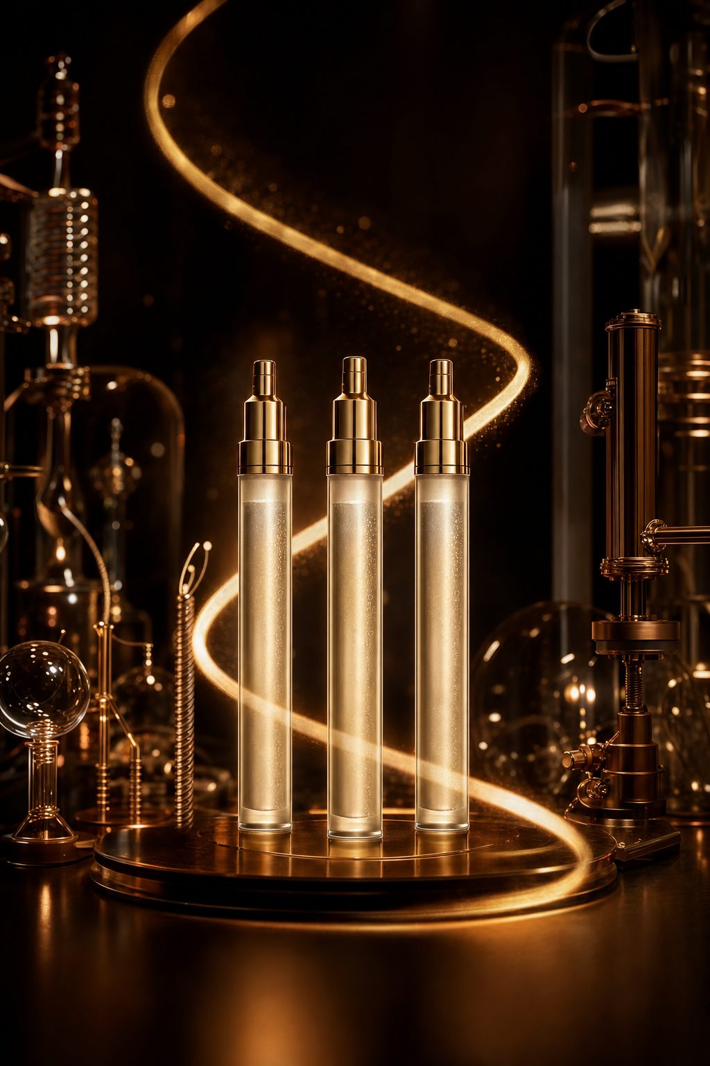 Clinical-grade peptide serum vials with gold caps on a bronze pedestal surrounded by laboratory glassware