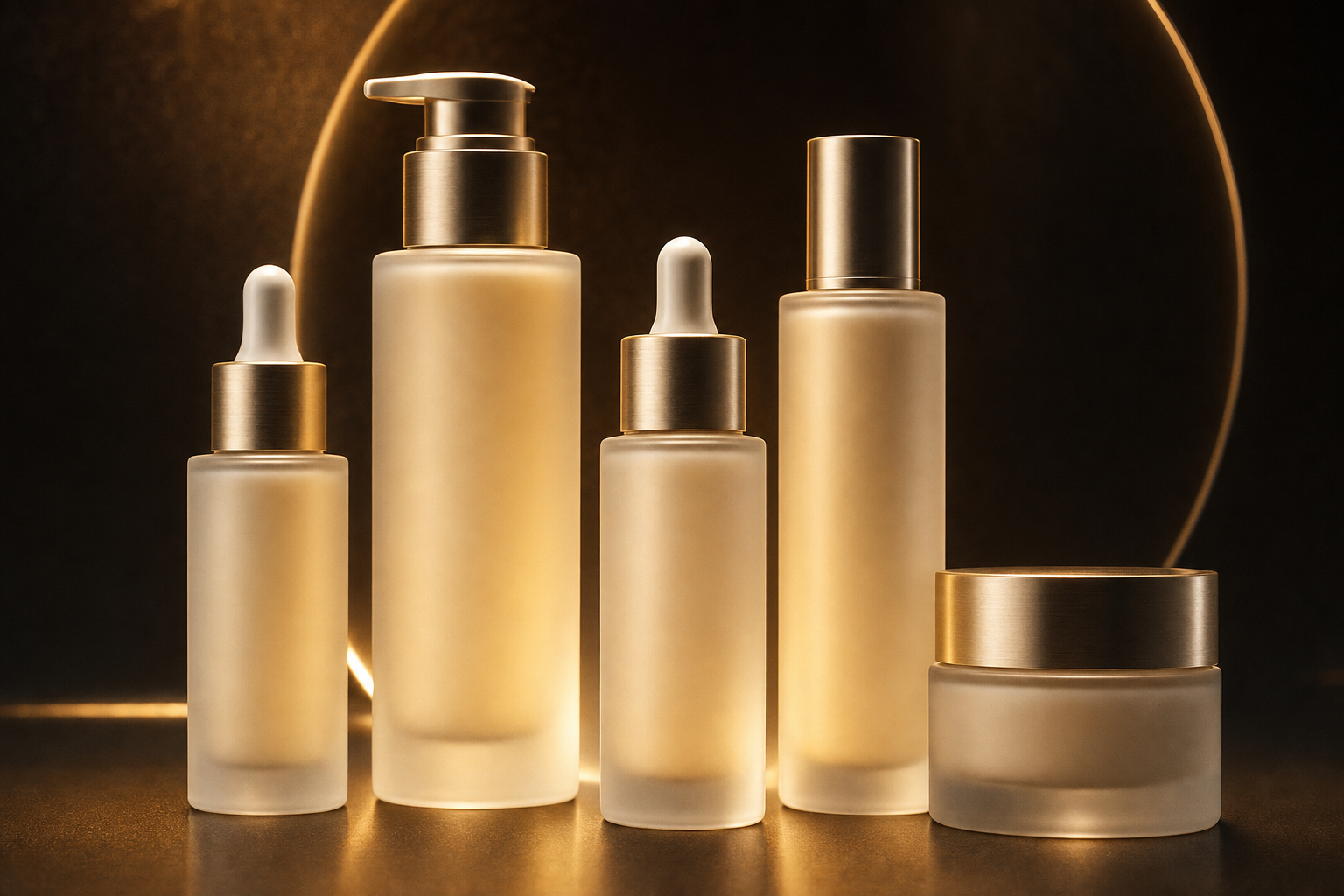 Luxurious frosted glass skincare bottles with brushed gold caps