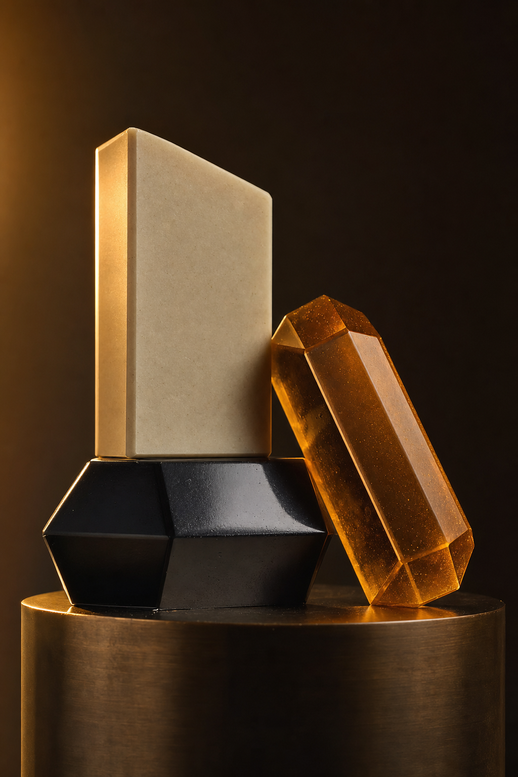 Modern sculptural luxury soap bars in cream, obsidian black, and translucent amber