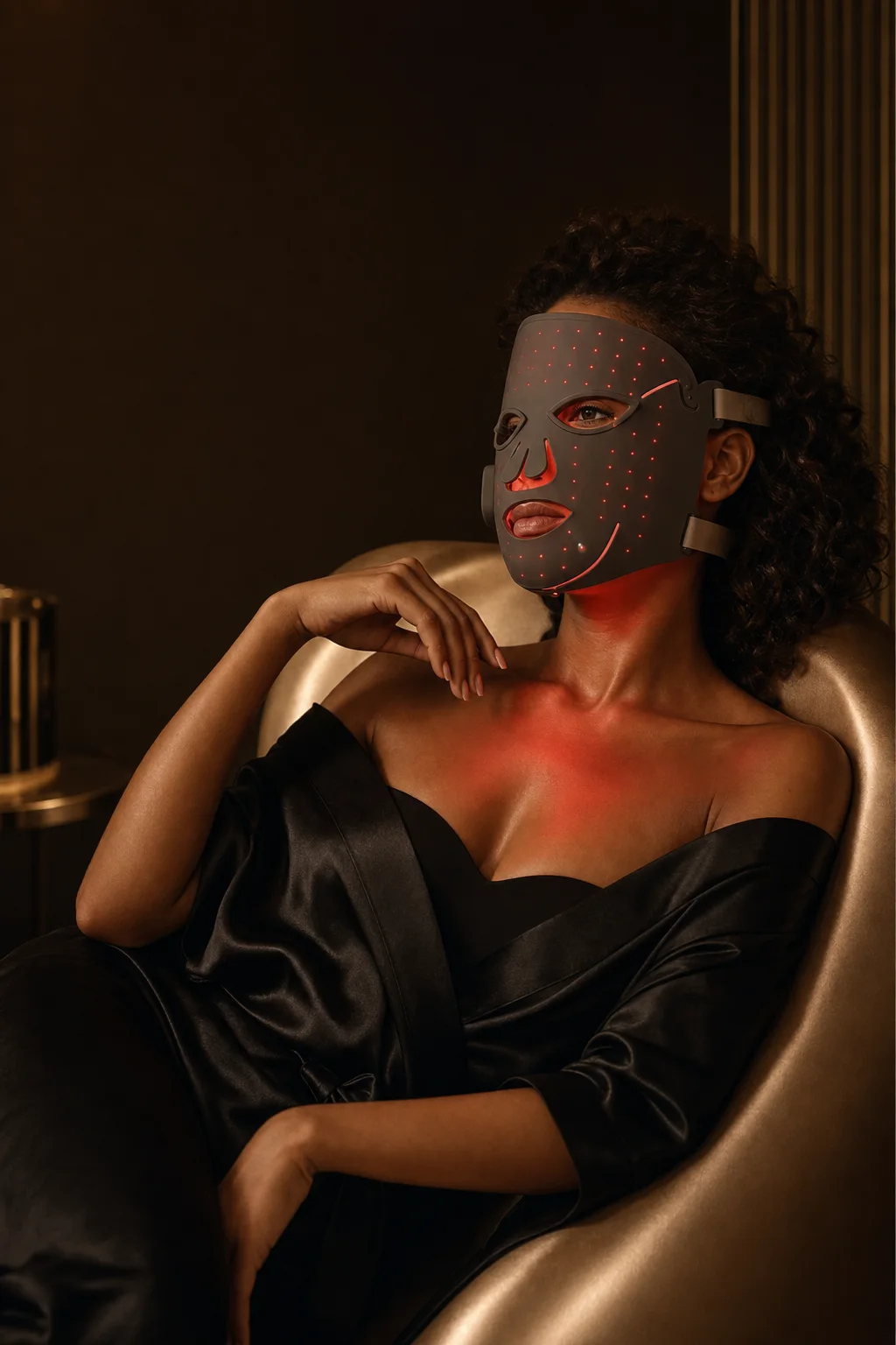 Glamorous multiracial woman wearing a sculpted red LED light mask in a dark luxury setting