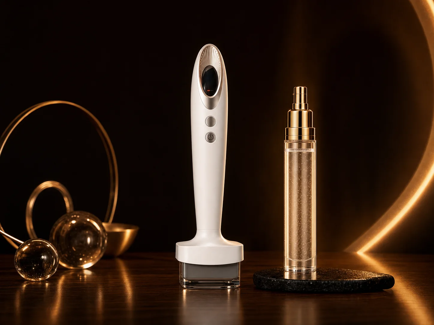 White precision derma stamping device displayed beside a gold-pump peptide serum vial on a dark wood table